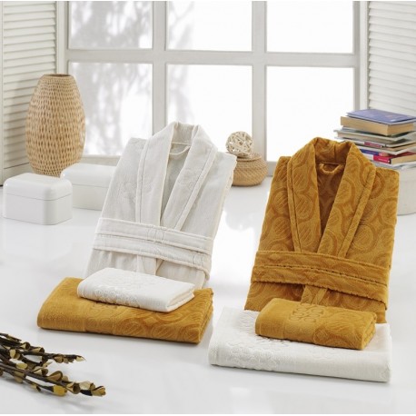 Jacquard Velvet Bathrobe Set Mustard